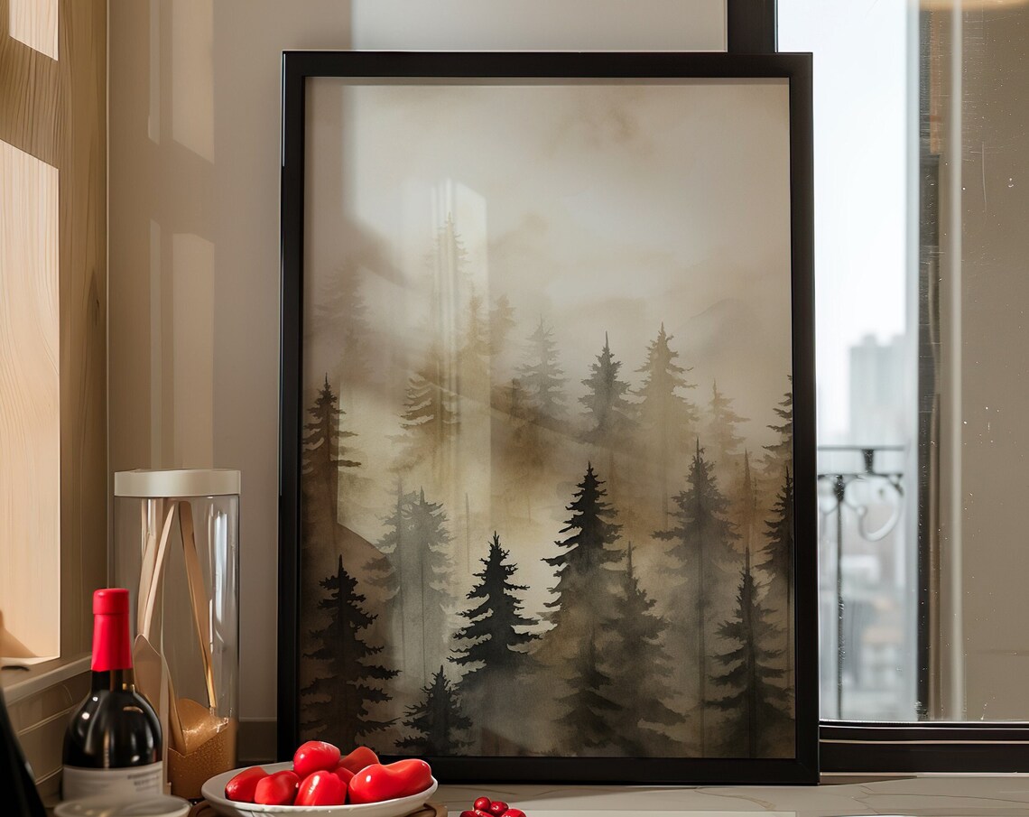 Misty Pine Forest Watercolor Foggy Evergreen Trees Wall Poster