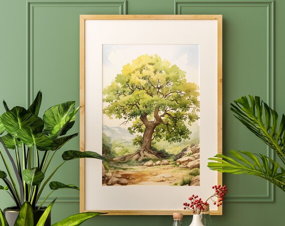 Oak Tree Landscape Watercolor Rolling Hills Pastoral Art Poster