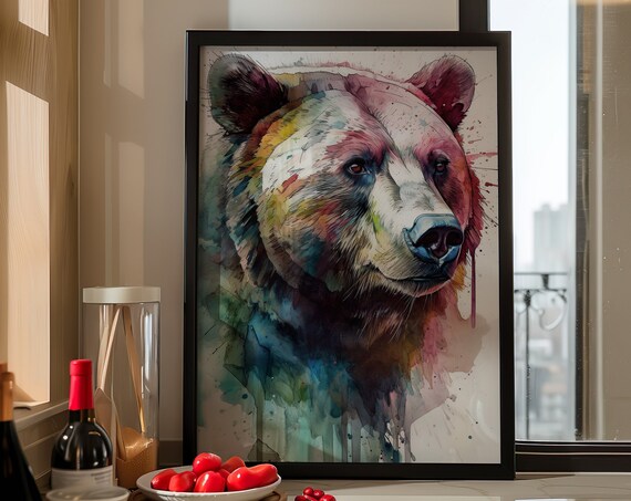 Brown Bear Portrait Watercolor Splash Colorful Wildlife Poster