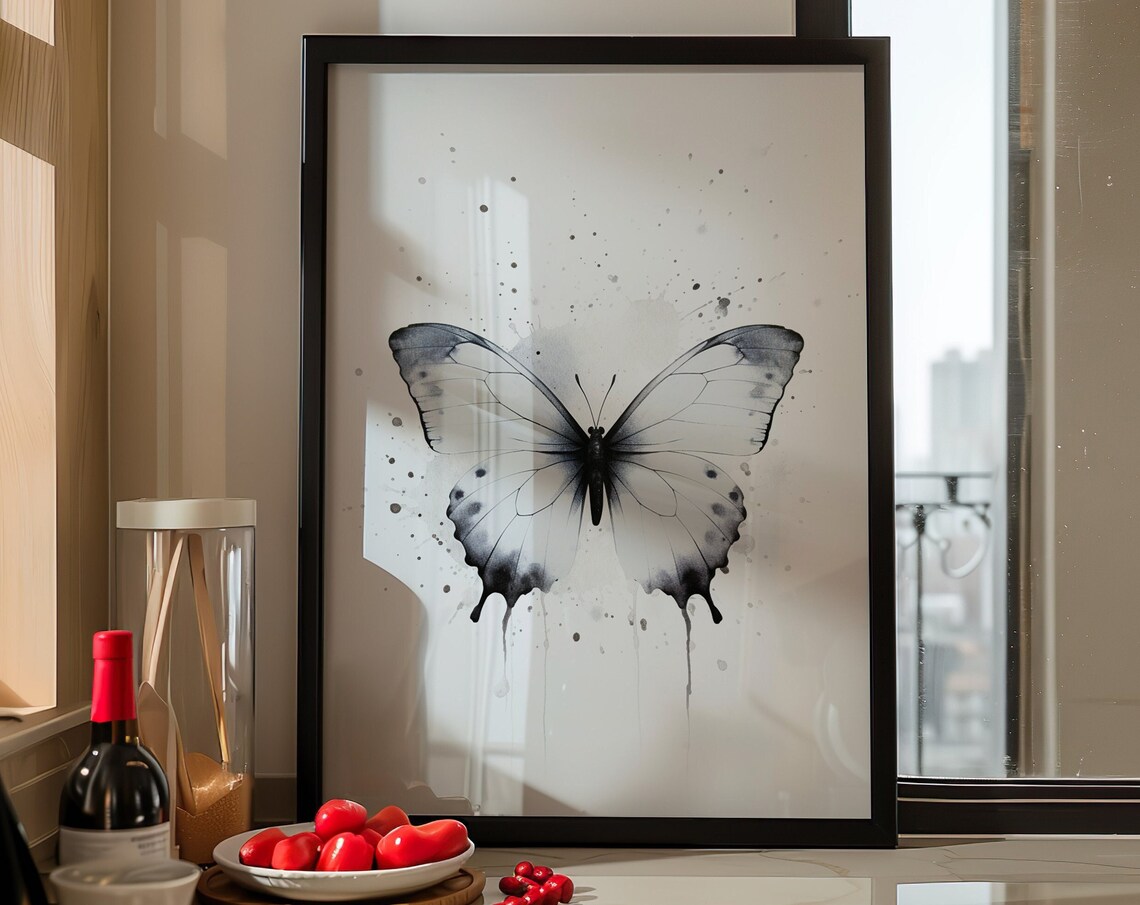 Black White Butterfly Watercolor Monochrome Insect Wing Poster