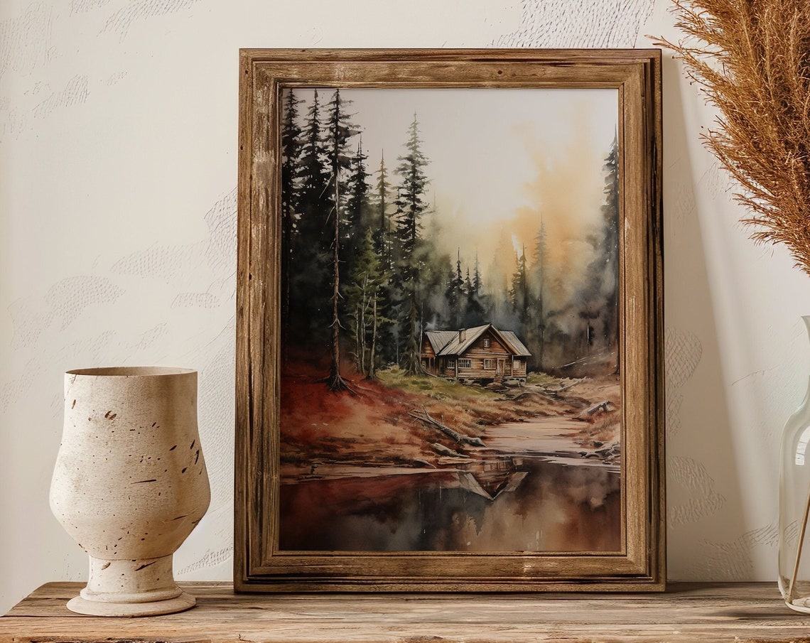 Lakeside Log Cabin Sunset Pine Forest Reflection Watercolor Poster
