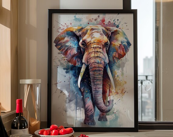Colorful Elephant Face Watercolor Splash Wildlife Portrait Poster
