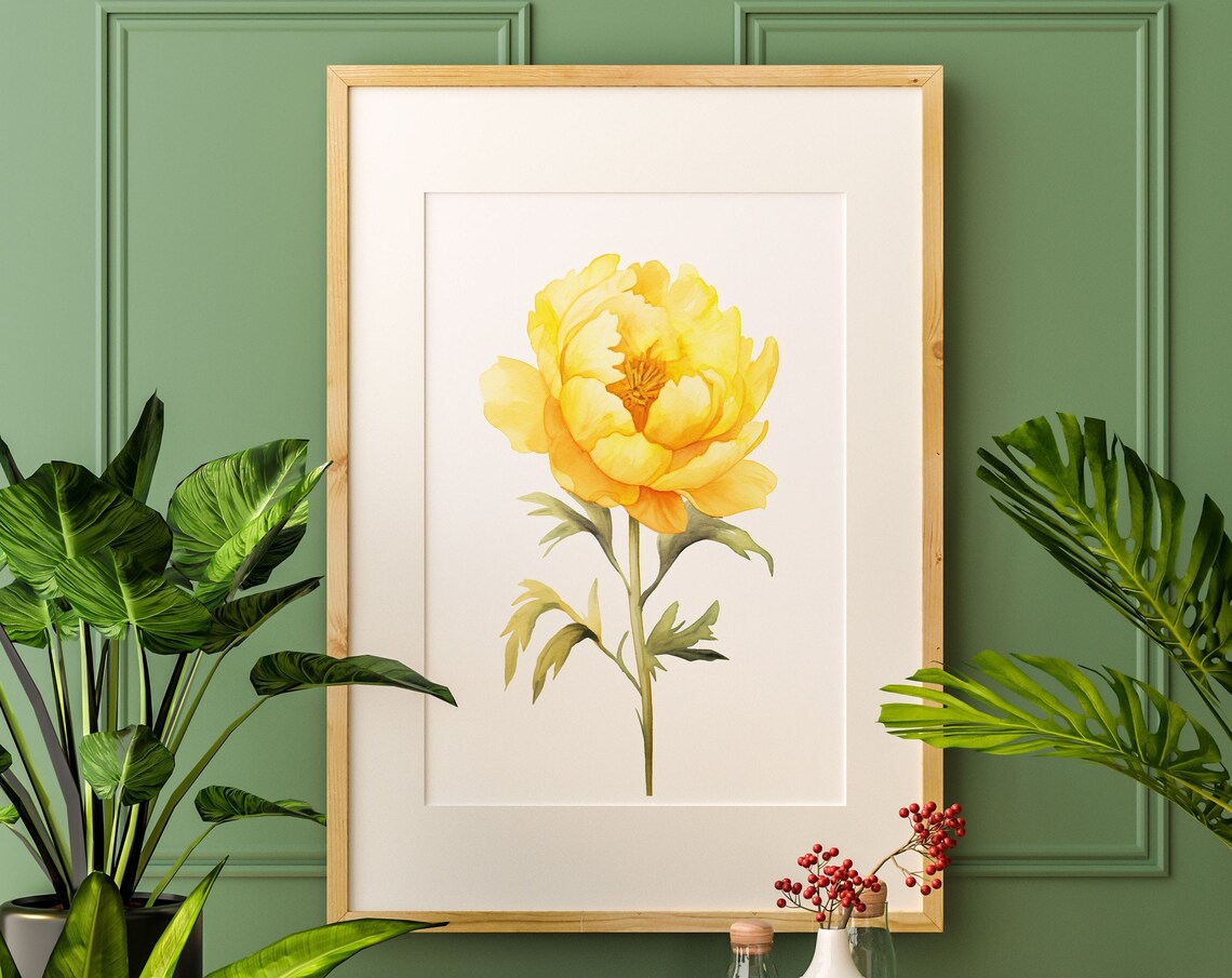 Yellow Peony Watercolor Golden Flower Single Bloom Botanical Art Poster