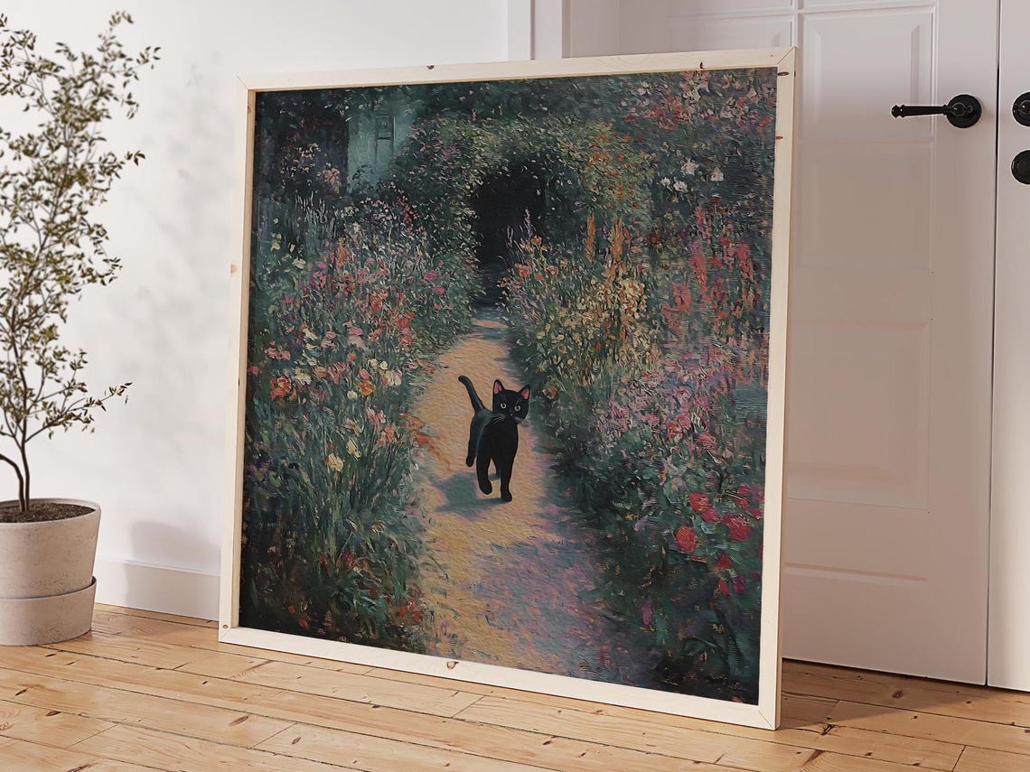 Whimsical Black Cat Flower Garden Path Monet Style Art Poster