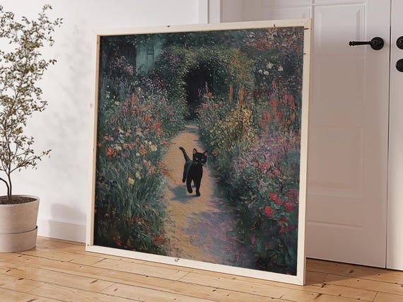 Whimsical Black Cat Print Moody Wall Art Dark Academia Cottagecore Decor Dreamy Botanical Garden Aesthetic Feline Poster Home Gift