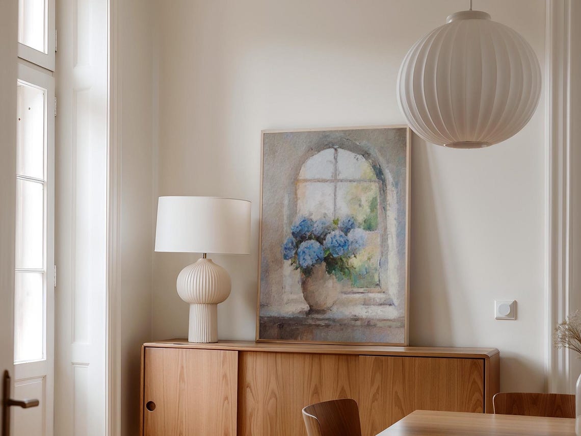 Blue Hydrangea Beige Vase Window Sill Watercolor Still Life Poster - Image 2