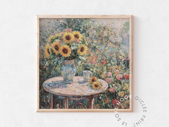 Sunflowers Rose Garden Table Impressionist Oil Floral Poster
