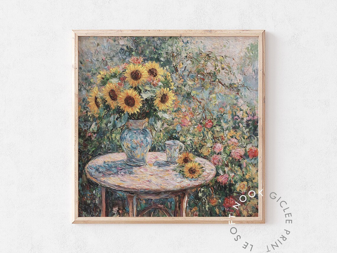 Sunflowers Rose Garden Table Impressionist Oil Floral Poster