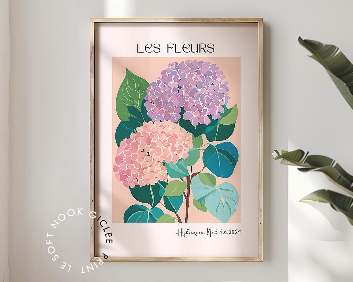 Pink Purple Hydrangea Les Fleurs Botanical Illustration Poster