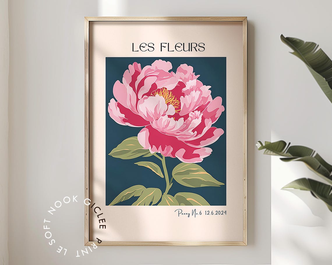 Les Fleurs Pink Peony On Navy Botanical French Gallery Art Poster
