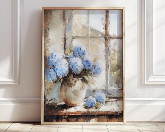 Blue Hydrangea In Vase Poster Beige Blue Flower Print Window View Floral Bouquet Monet Botanical Still Life Neutral Wall Decor Gifts