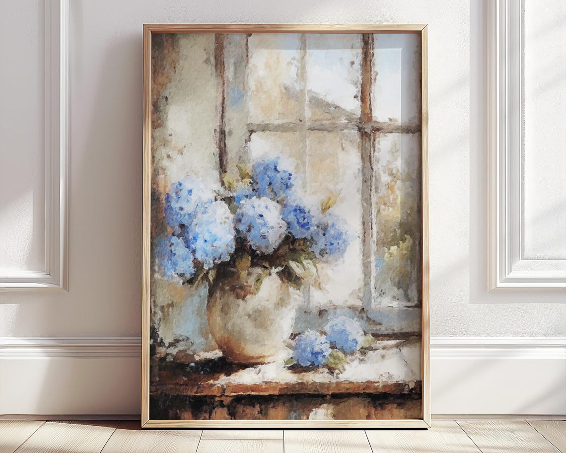 Blue Hydrangea In Vase Bright Window Beige Floral Watercolor Poster