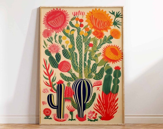 Colorful Vintage Cactus Sunflower Striped Botanical Art Poster