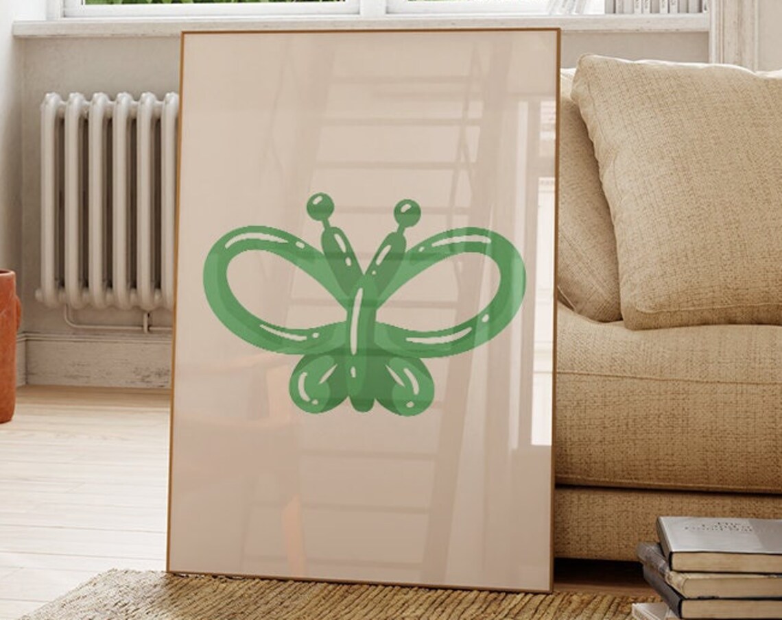 Green Balloon Animal Butterfly Minimalist Boho Style Modern Wall Art