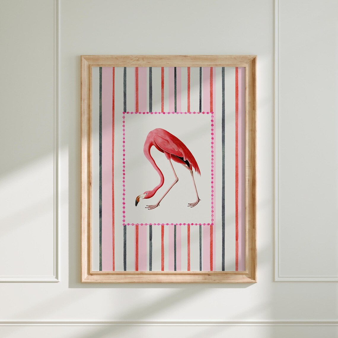 Vintage Flamingo Illustration Striped Retro Background Nursery Poster