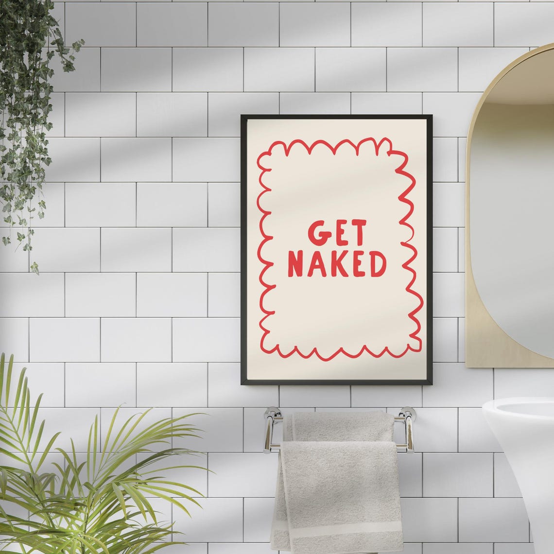 Get Naked Funny Red Wavy Quirky Bathroom Dorm Typography Poster