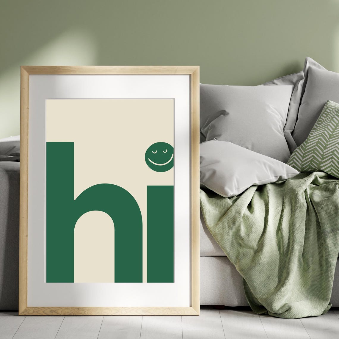 Hi Green Bold Lettering Smiley Face Greeting Typography Poster - Image 3