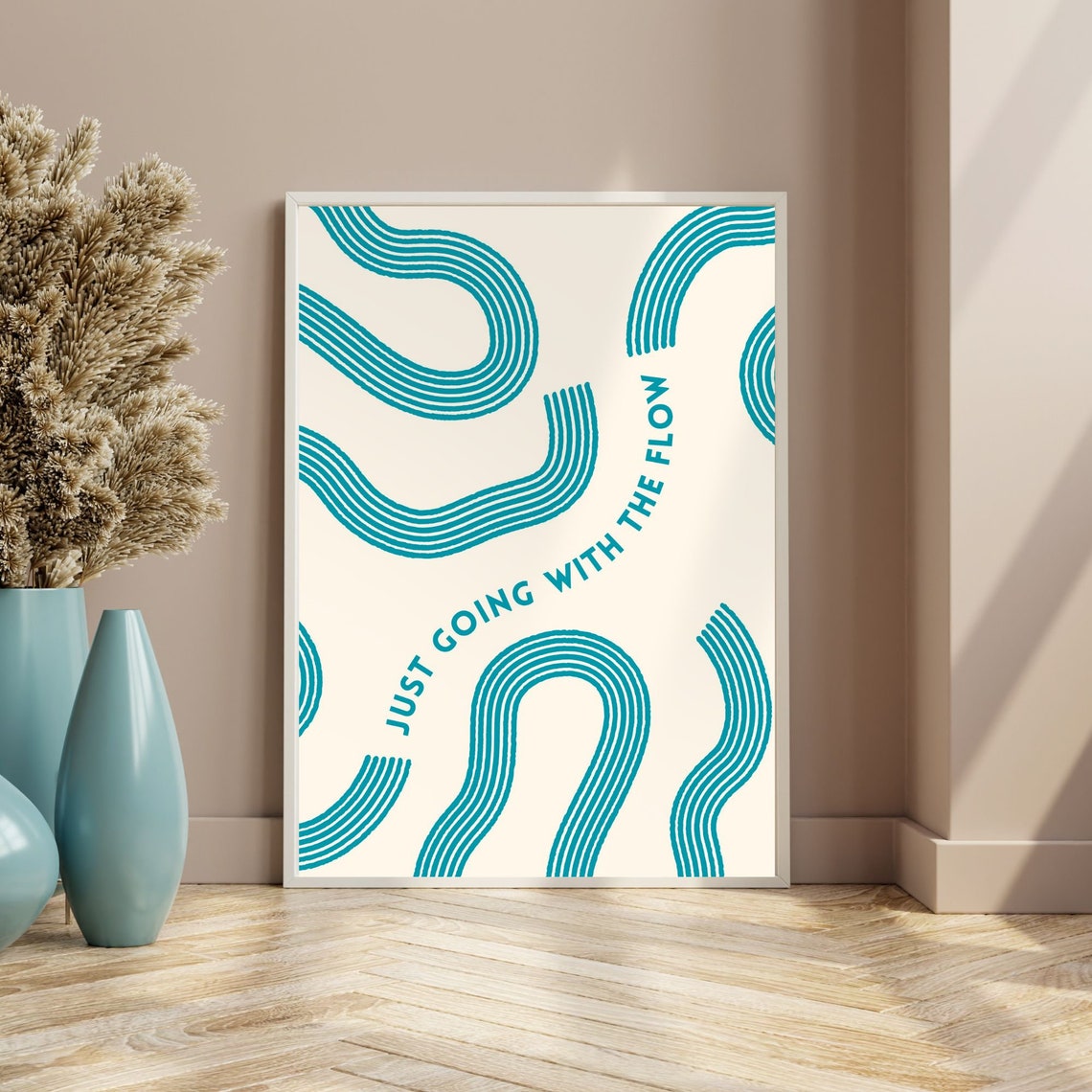 Just Going With The Flow Teal Retro Squiggle Quote Art Poster