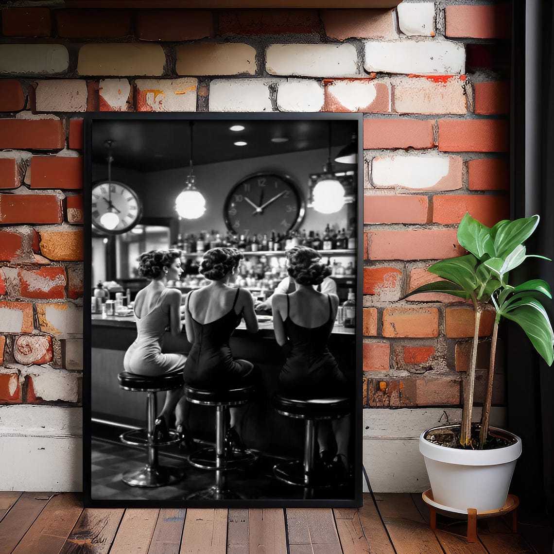 Retro Bar Scene Three Women At The Counter Vintage Black White Poster