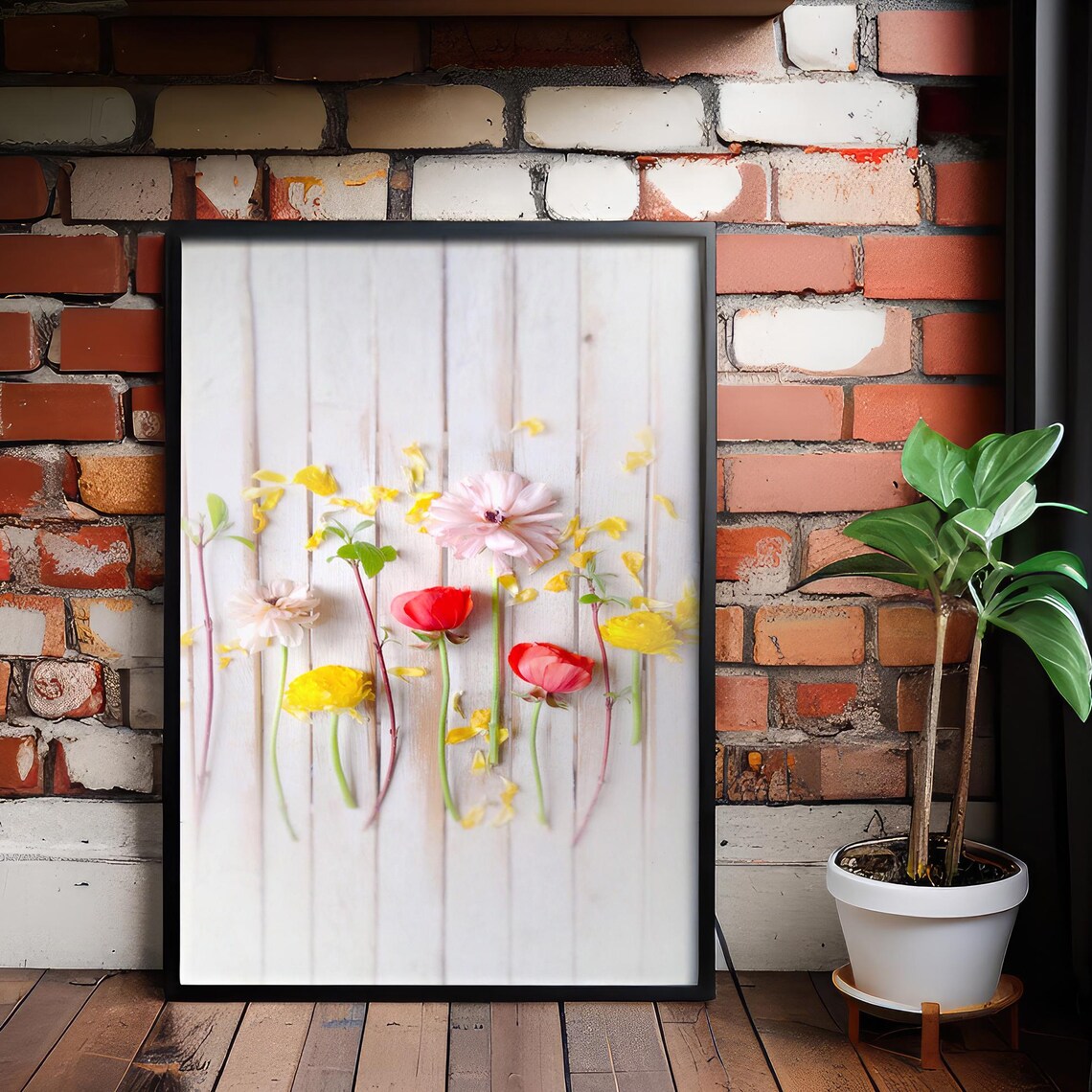 Pressed Wildflowers White Yellow Red Wood Background Botanical Poster