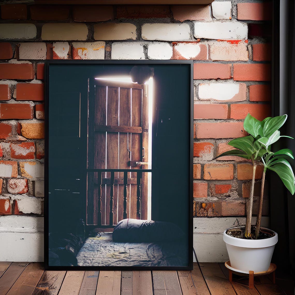 Rustic Wooden Door Light Streaming Into Moody Dark Room Print