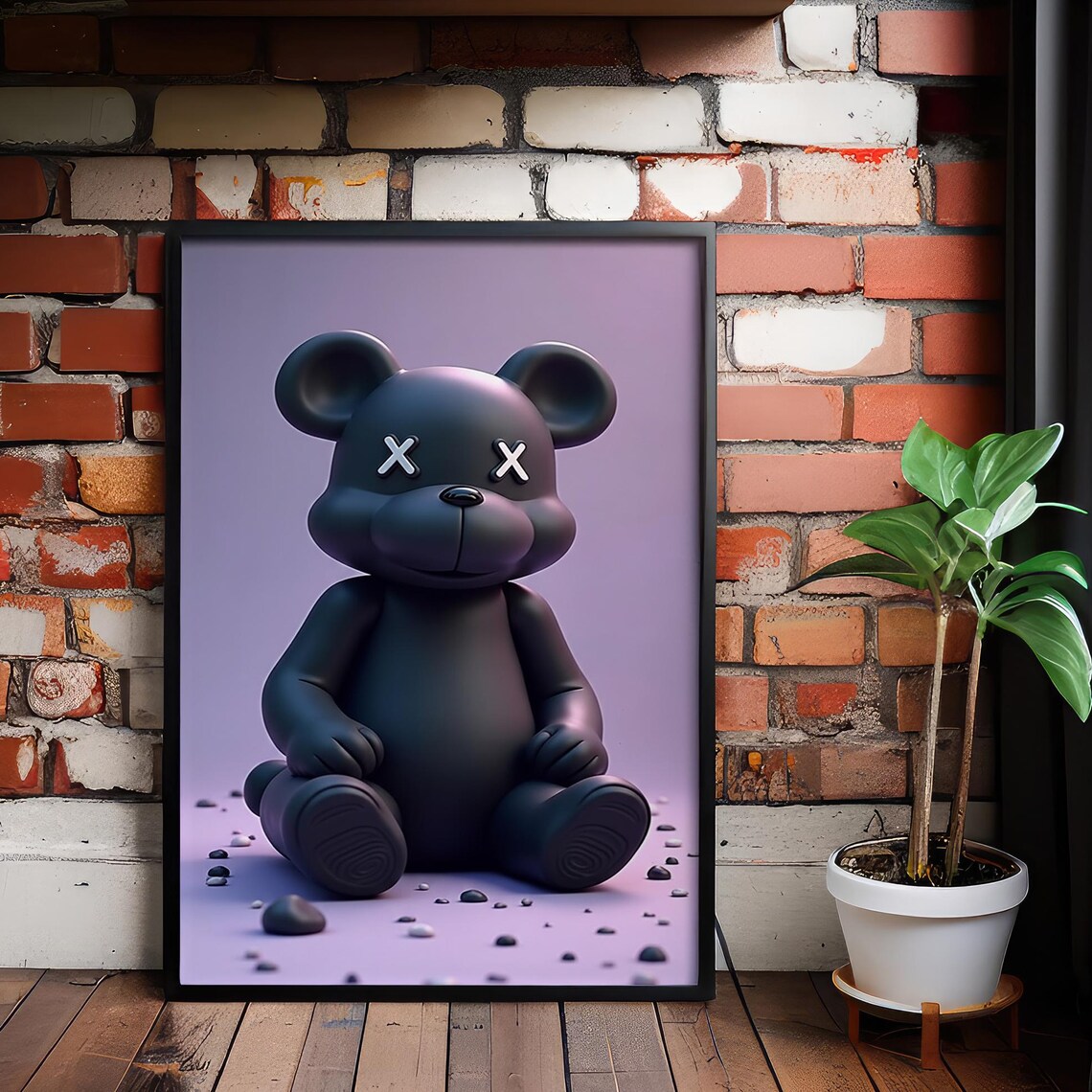 Modern Black Bear Canvas Print Designer Toy Style Minimalist Decor