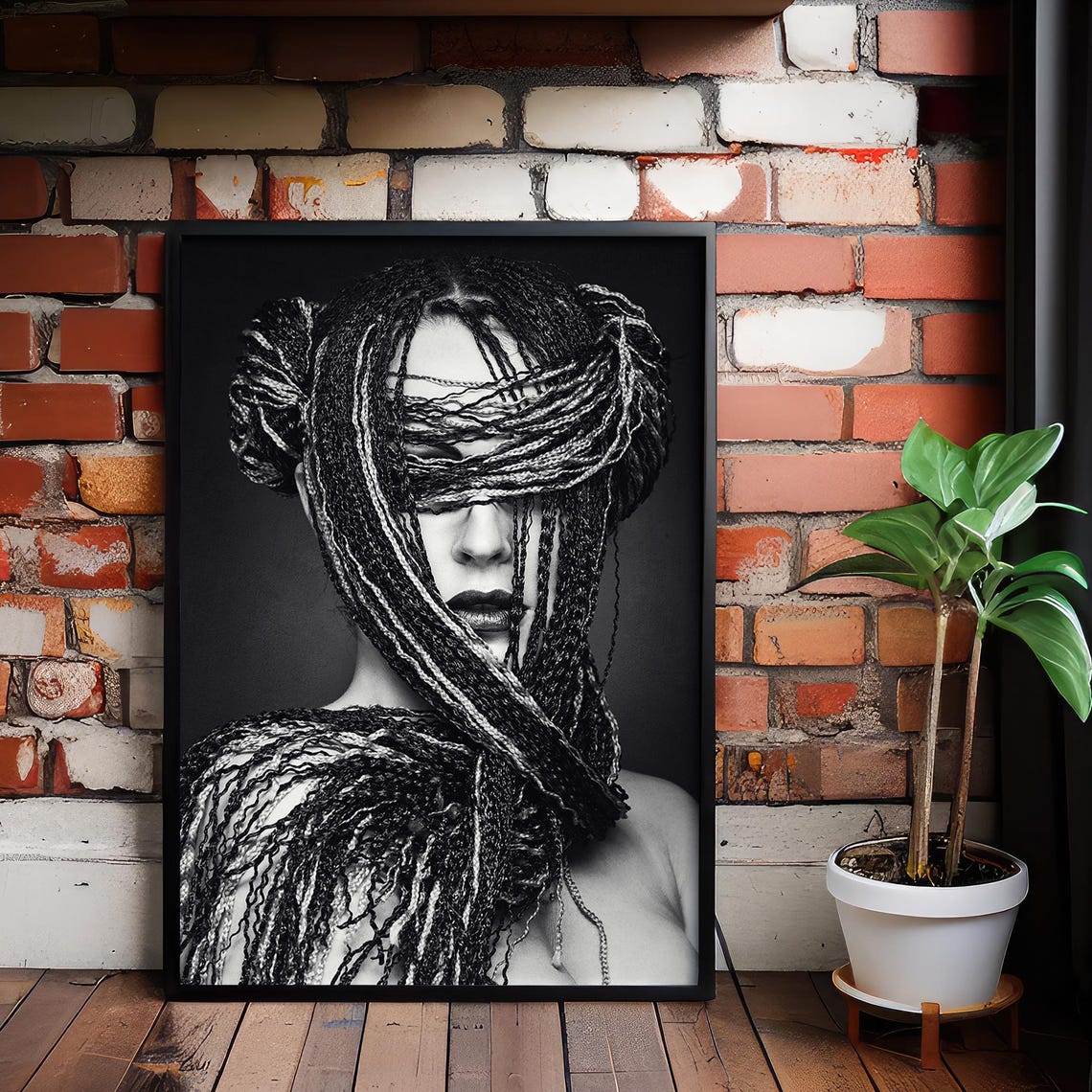Braided Hair Portrait Black and White Fashion Model Photo Poster
