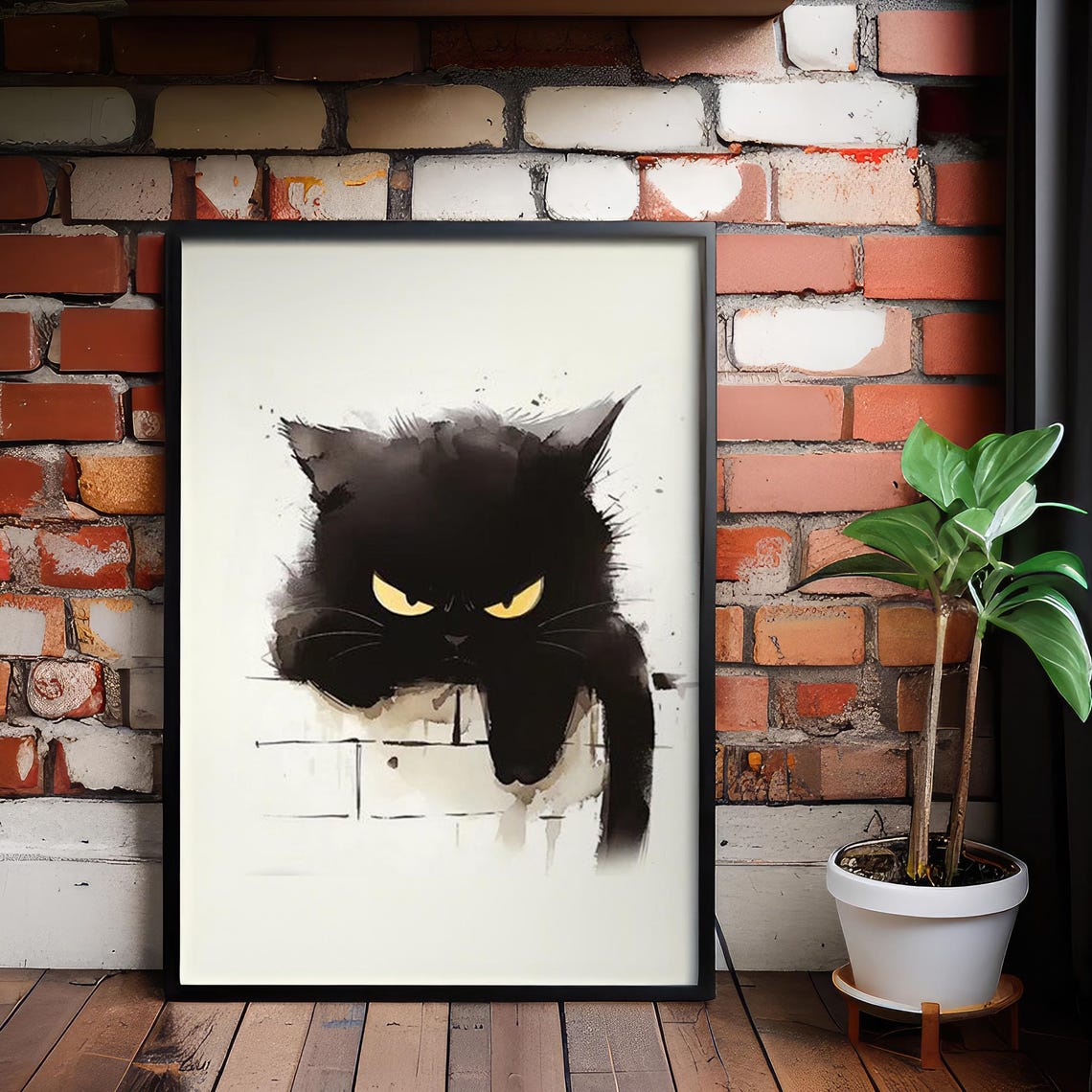 Grumpy Black Cat Yellow Eyes Minimalist Watercolor Animal Poster