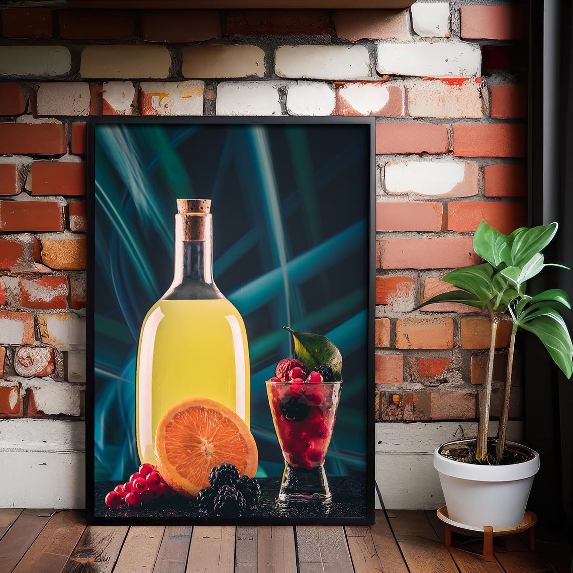 Citrus Limoncello Bottle Fresh Berries Vibrant Still Life Poster