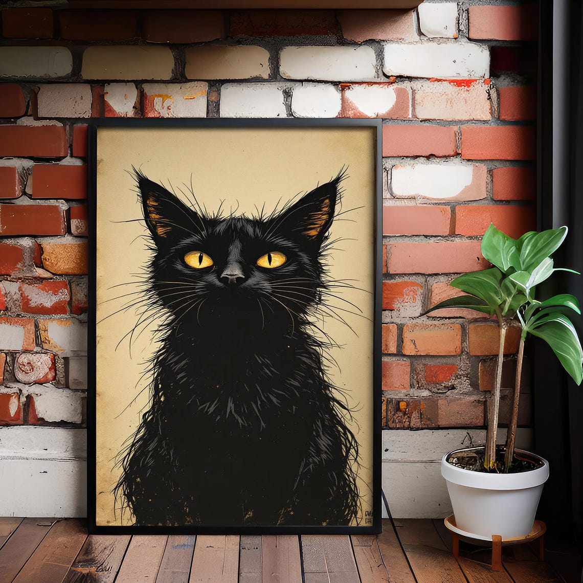 Vintage Halloween Black Cat Sketch Print Witchy Home Decor