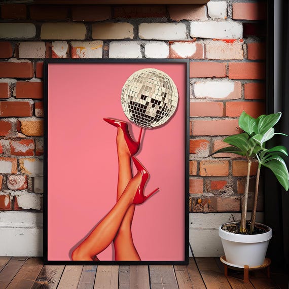 Retro Pop Art Print Disco Ball Red Heels Glam Wall Decor