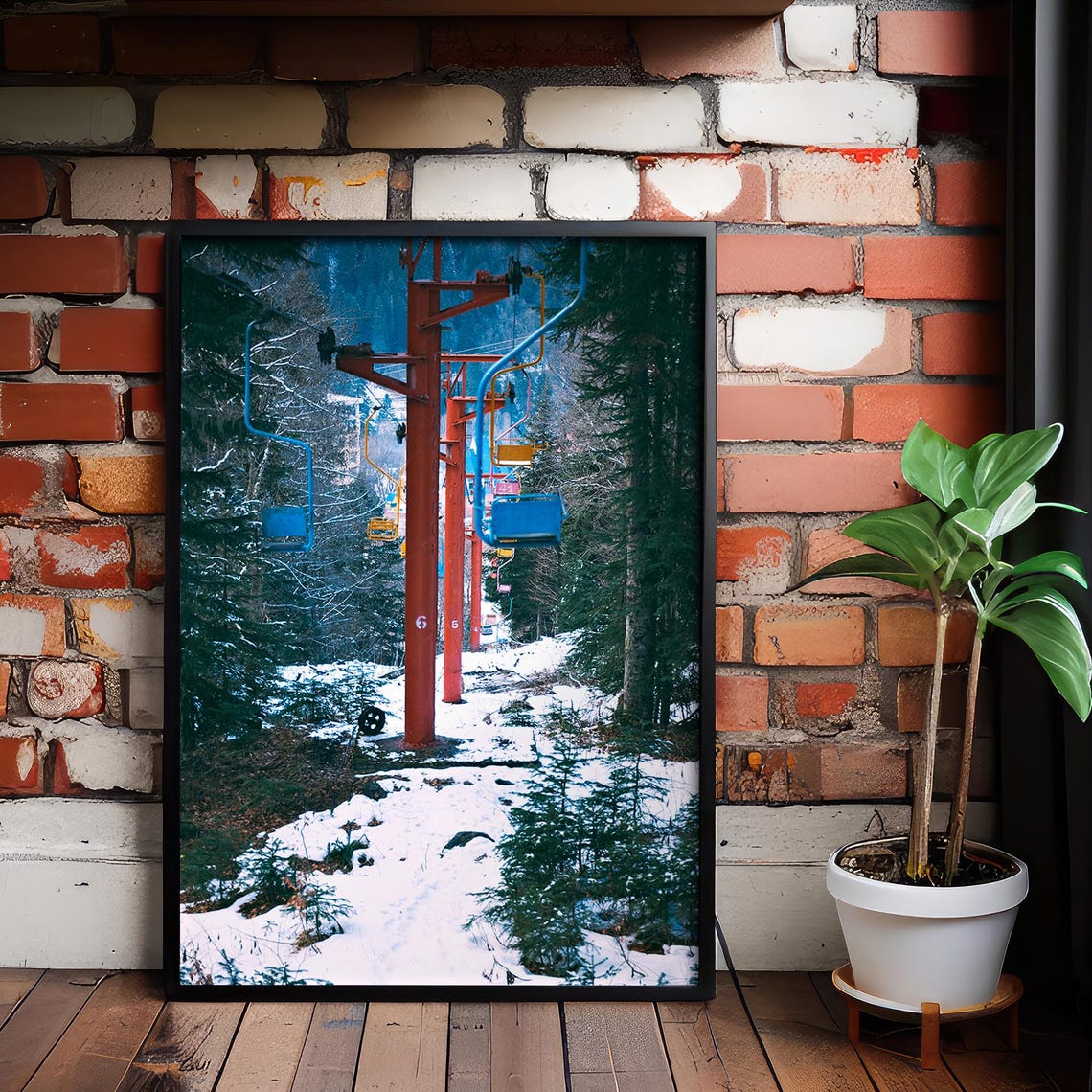 Vintage Ski Lift Chairs Snowy Pine Forest Winter Mountain Poster