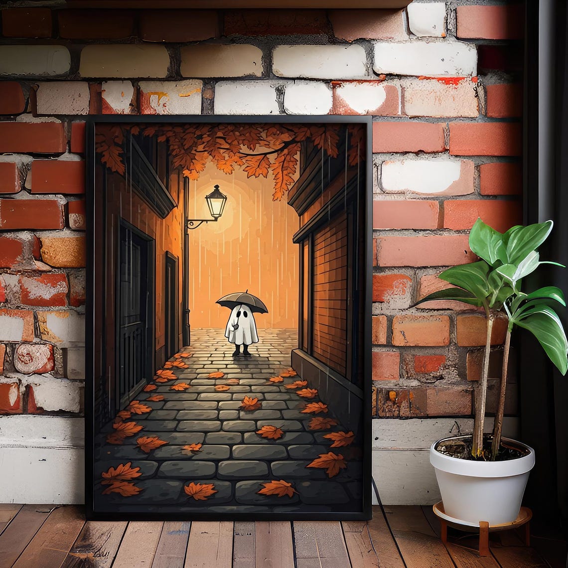 Cute Ghost With Umbrella In Rainy Autumn Alley Halloween Poster