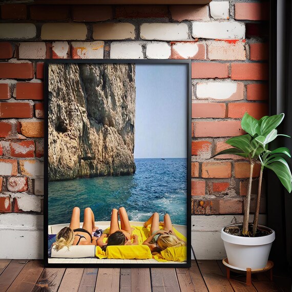 Summer Boat Trip Friends Sunbathing Coastal Cliffs Sea Poster