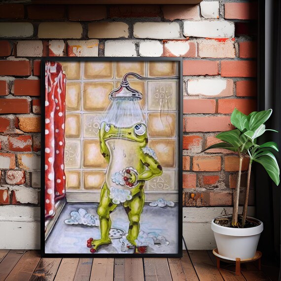 Humorous Shower Frog Bath Time Funny Bathroom Animal Art Poster