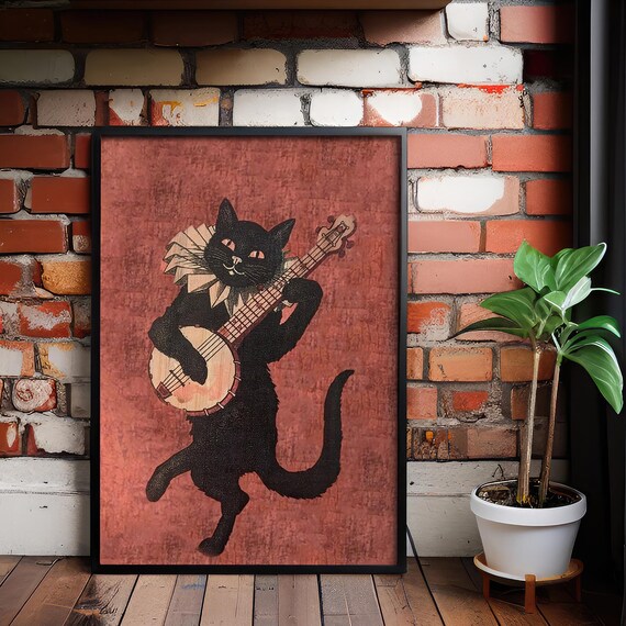 Black Cat Playing Banjo Vintage Folk Music Whimsical Art Poster