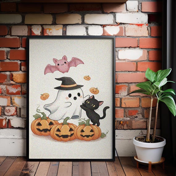 Cute Halloween Wall Art And Black Cat Print For Spooky Decor Kawaii Pumpkin Poster Fun Pink Bat Artwork Girls Room
