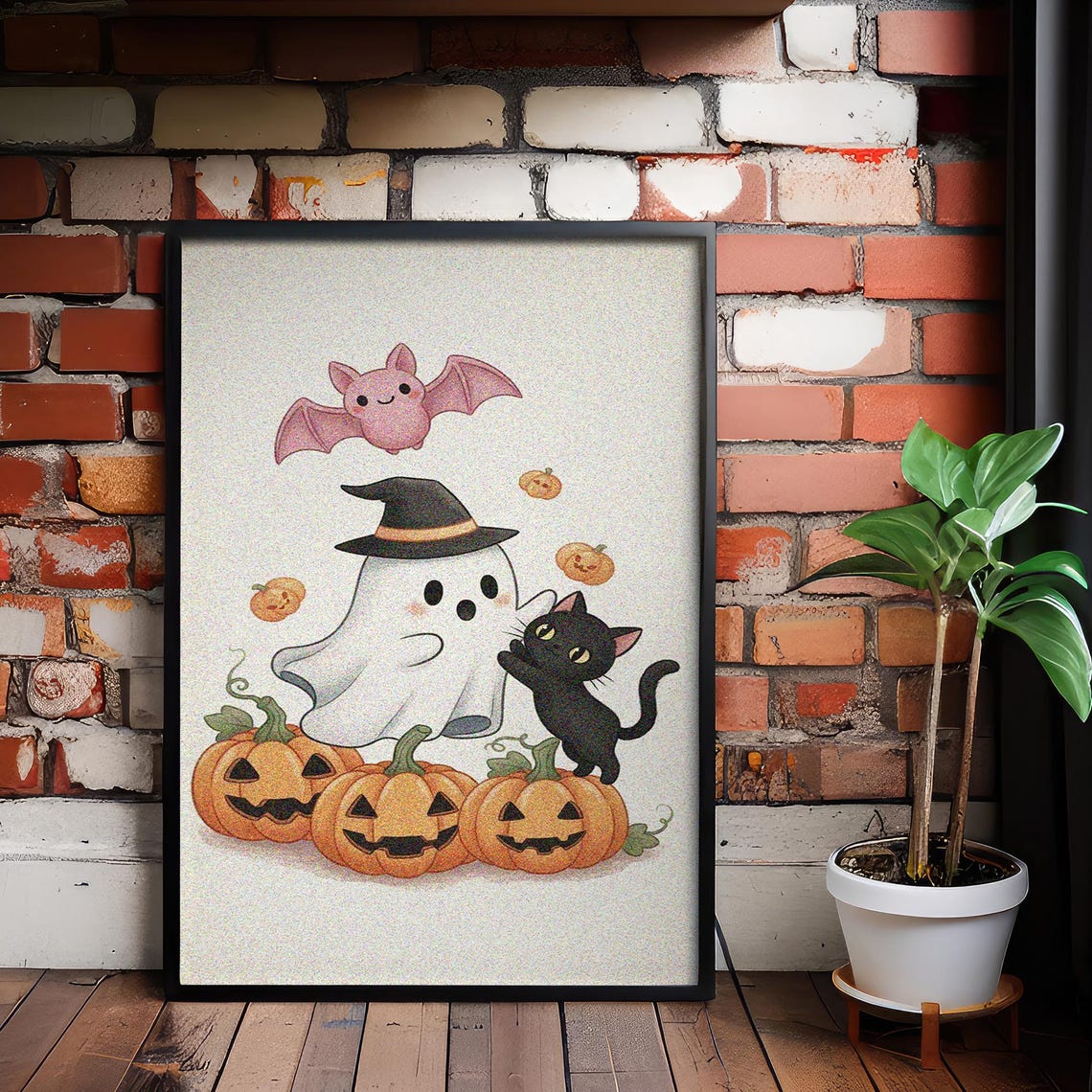 Cute Pastel Halloween Ghost Witch Hat Black Cat And Pumpkins Poster