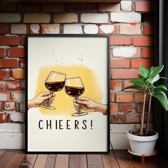 Chieers Toast Two Wine Glasses Yellow Watercolor Celebration Poster