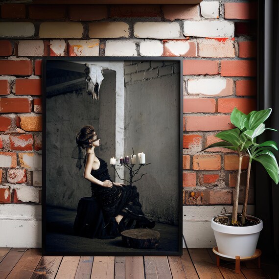 Gothic Ritual Fashion Print Dark Wall Art Blindfolded Woman Photography Occult Candle Decor Moody Industrial Poster