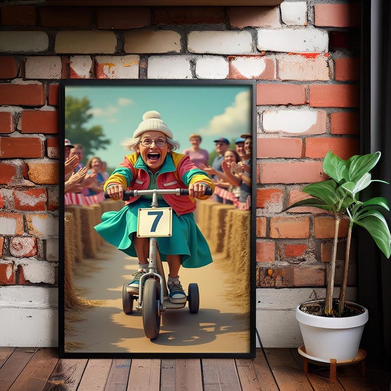 Funny Tricycle Race Poster Colorful Wall Art Joyful Gift For Seniors Life Lovers