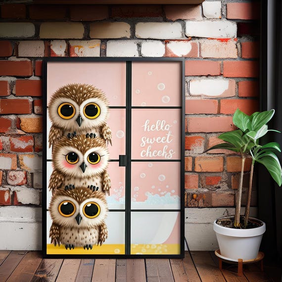 Bathroom Owl Wall Art Funny Whimsical Decor Ready To Hang