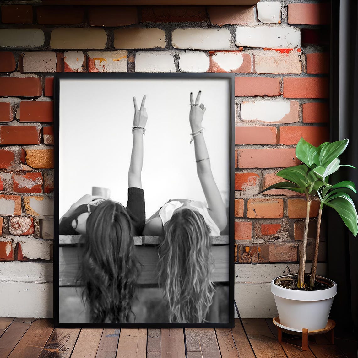 Two Best Friends Peace Signs From Behind Black White Photo Poster