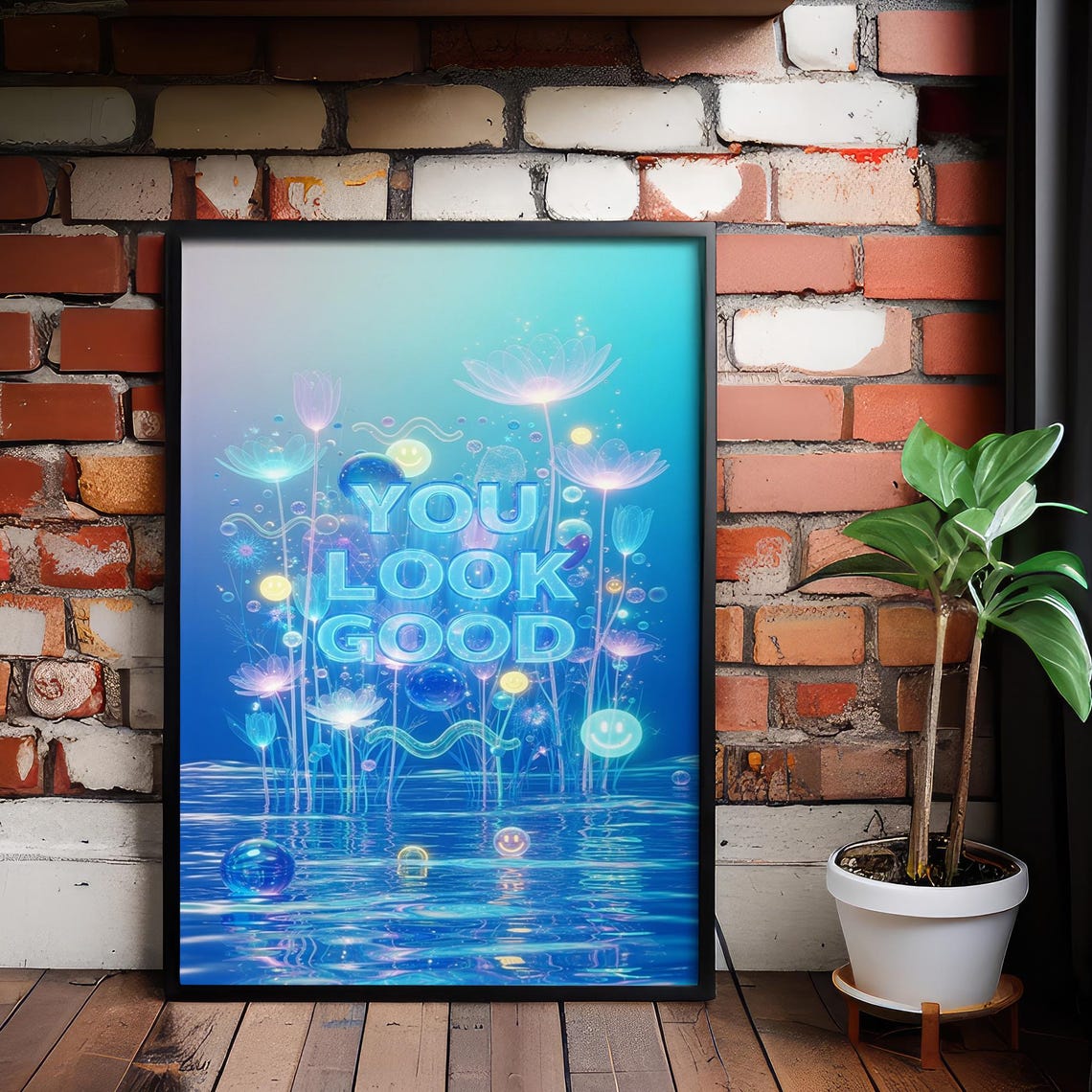 You Look Good Neon Bubbles Smiley Funky Blue Bathroom Poster