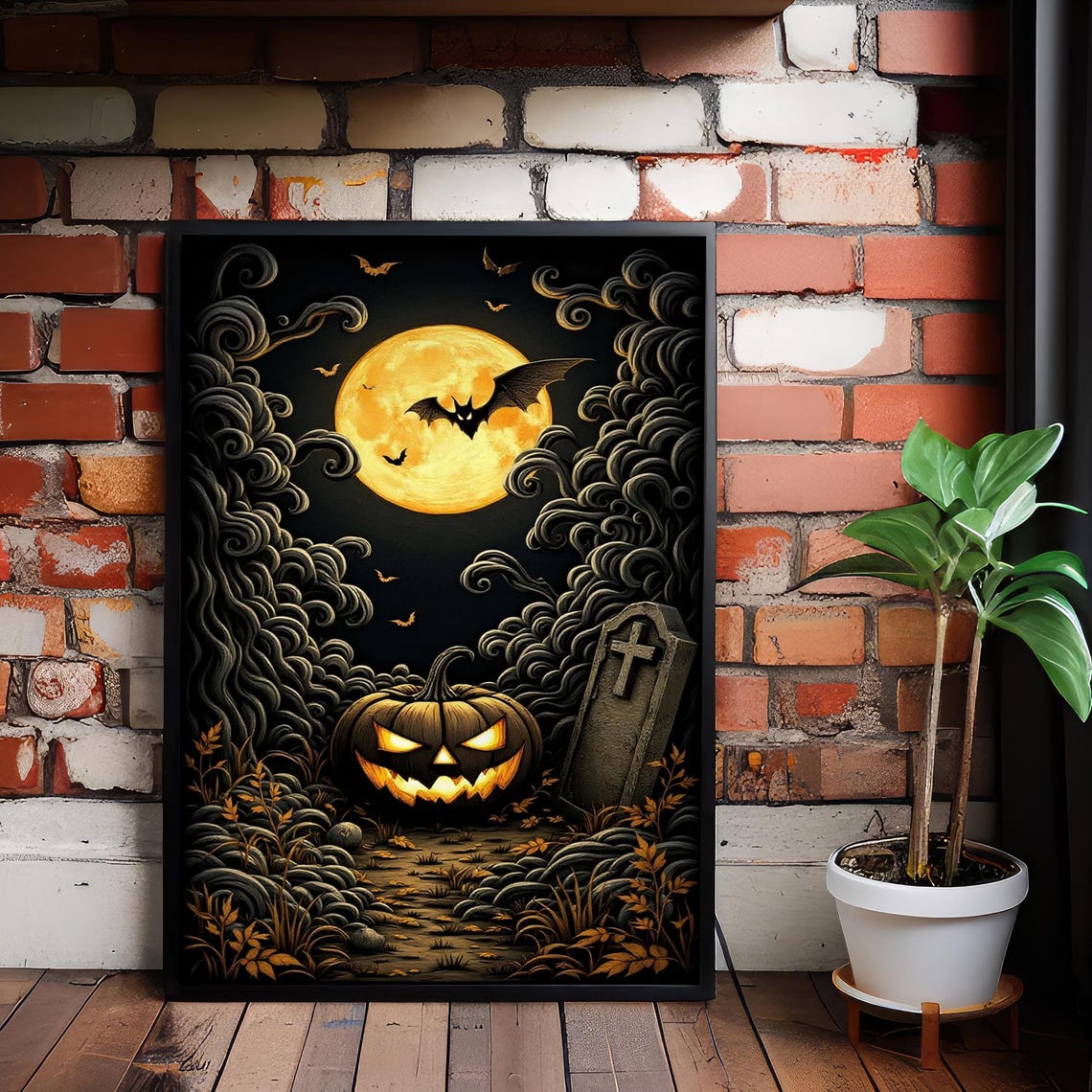 Spooky Halloween Graveyard Jack O Lantern Moon And Bats Scene Poster
