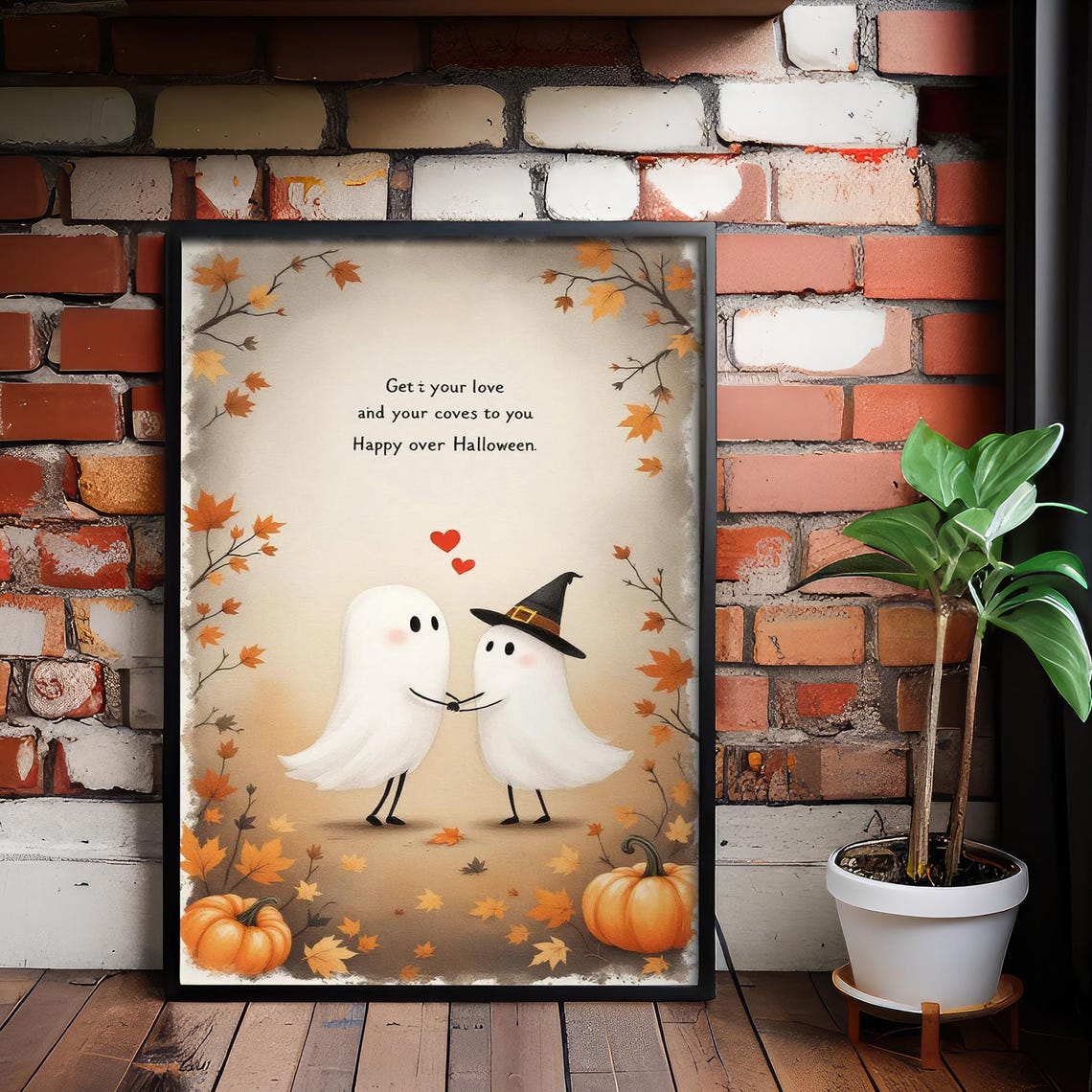 Ghosts In Love Autumn Leaves Pumpkins Cute Halloween Couple Poster