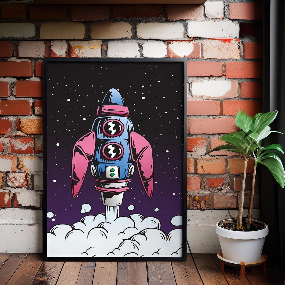 Pink Blue Rocket Launching Starry Sky Retro Space Pop Art Poster