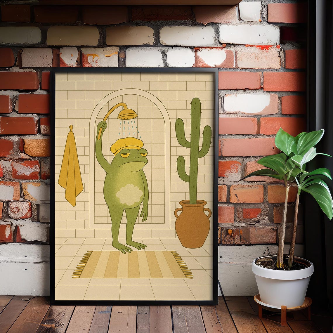 Funny Frog in Shower Cap Bath Cactus Retro Bathroom Art Poster