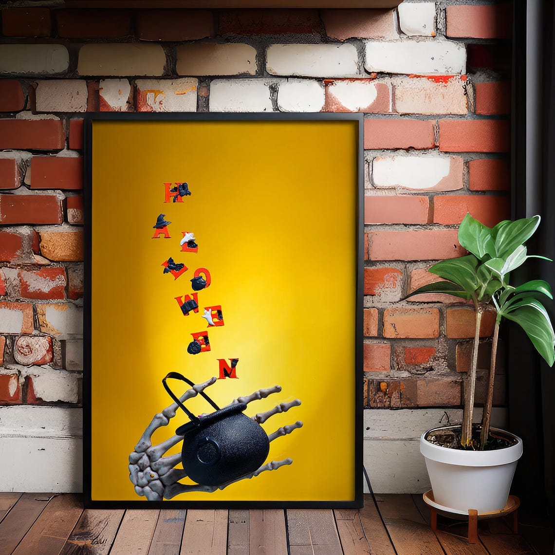 Halloween Typography Canvas Print Skeleton Hand Cauldron Bright Yellow Holiday Poster