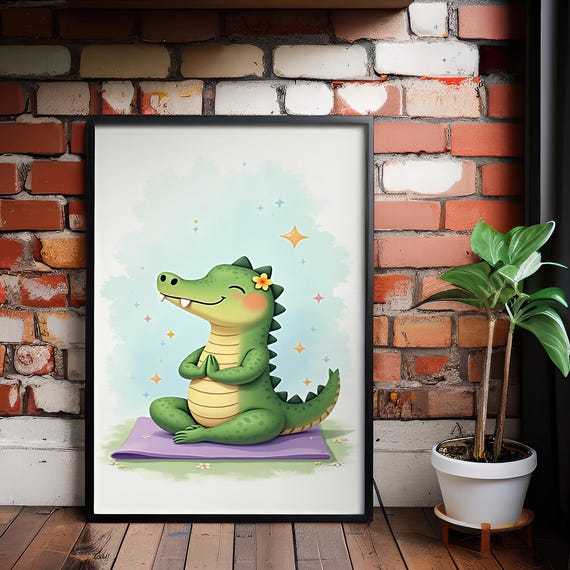 Meditating Crocodile Wall Art Cute Yoga Animal Print For Kids Room Decor Whimsical Nursery Poster With Pastel Flowers